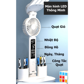 Đèn Học Để Bàn 4 Thanh LED Kiêm Quạt 5in1 – Chống Cận, Pin Lớn, Có LCD, Ánh Sáng Bảo Vệ Mắt